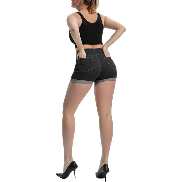 Grey High Waisted Summer Elastic Folded Hot Denim Hem Shorts for Women - Picture 5 of 5